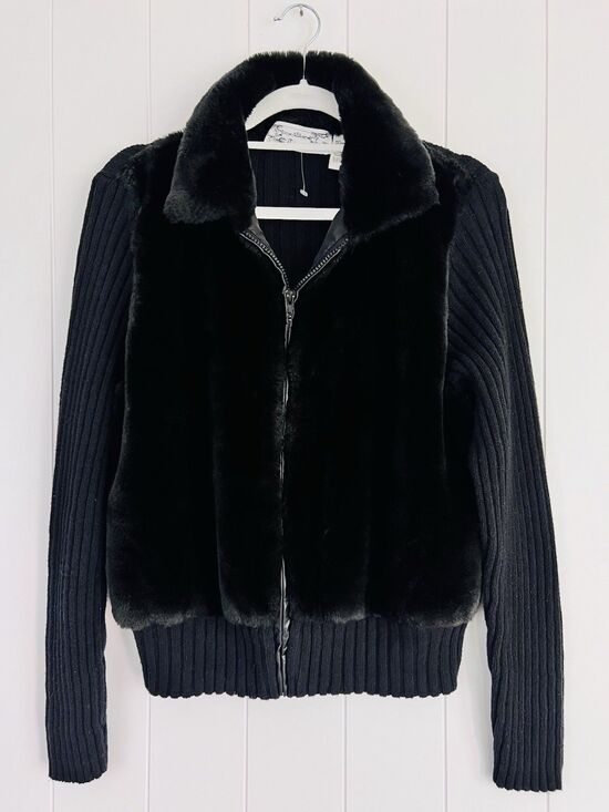 Tiara International Jackets & Blazers - Tiara International Black Ribbed Jersey Knit & Vegan Fur Stretchy Zip Jacket XL